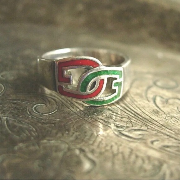 RARE Vintage GUCCI GG Red Green Logo Ring Silver 925 Enamel Couture Jewelry  ❤️ - Picture 3 of 8